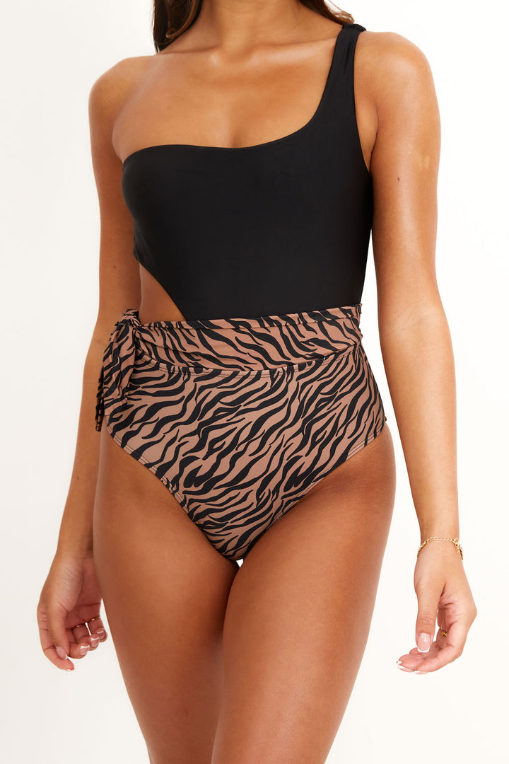 Ibiza Luxe One Shoulder One piece Swimsuit in Tan Zebra and Black (6777370771565)