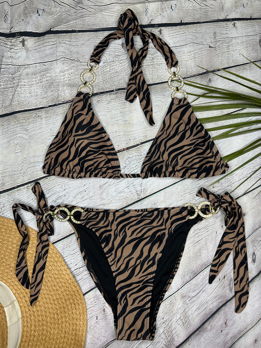 Ibiza Luxe Embellished Bikini in Tan Zebra (6777275154541)