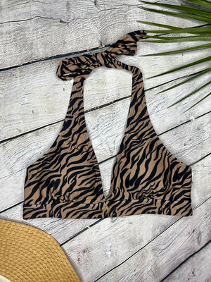 Ibiza Luxe Halter Neck Bikini Top in Tan Zebra (6777129468013)
