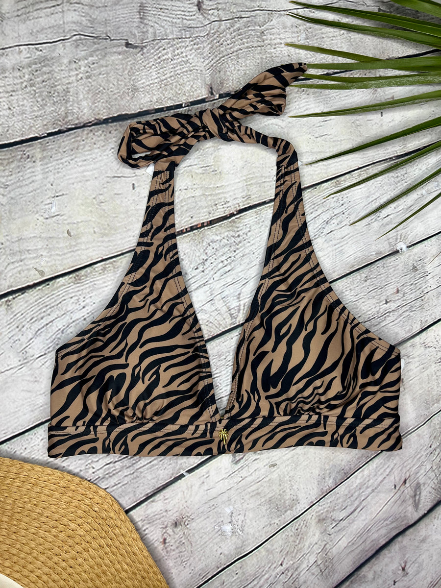 Ibiza Luxe Halter Neck Bikini Top in Tan Zebra (6777129468013)