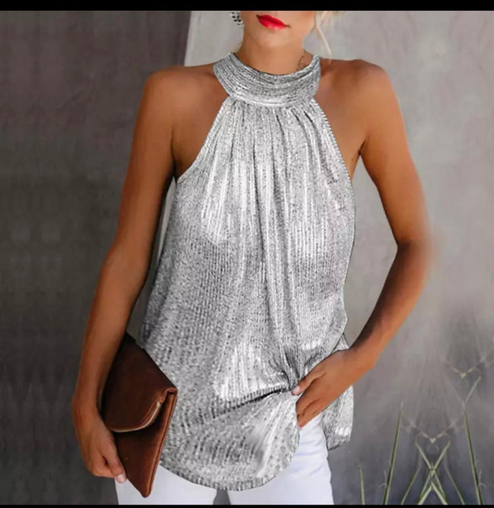 Tazmin Silver metallic halter neck top (4784524820589)
