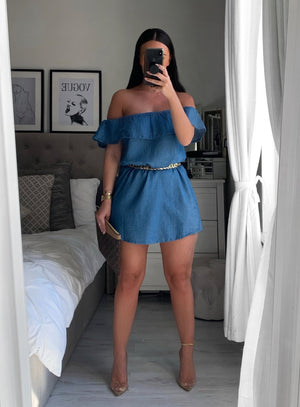 ‘Daisy’ denim style Bardot dress (4439717675117)